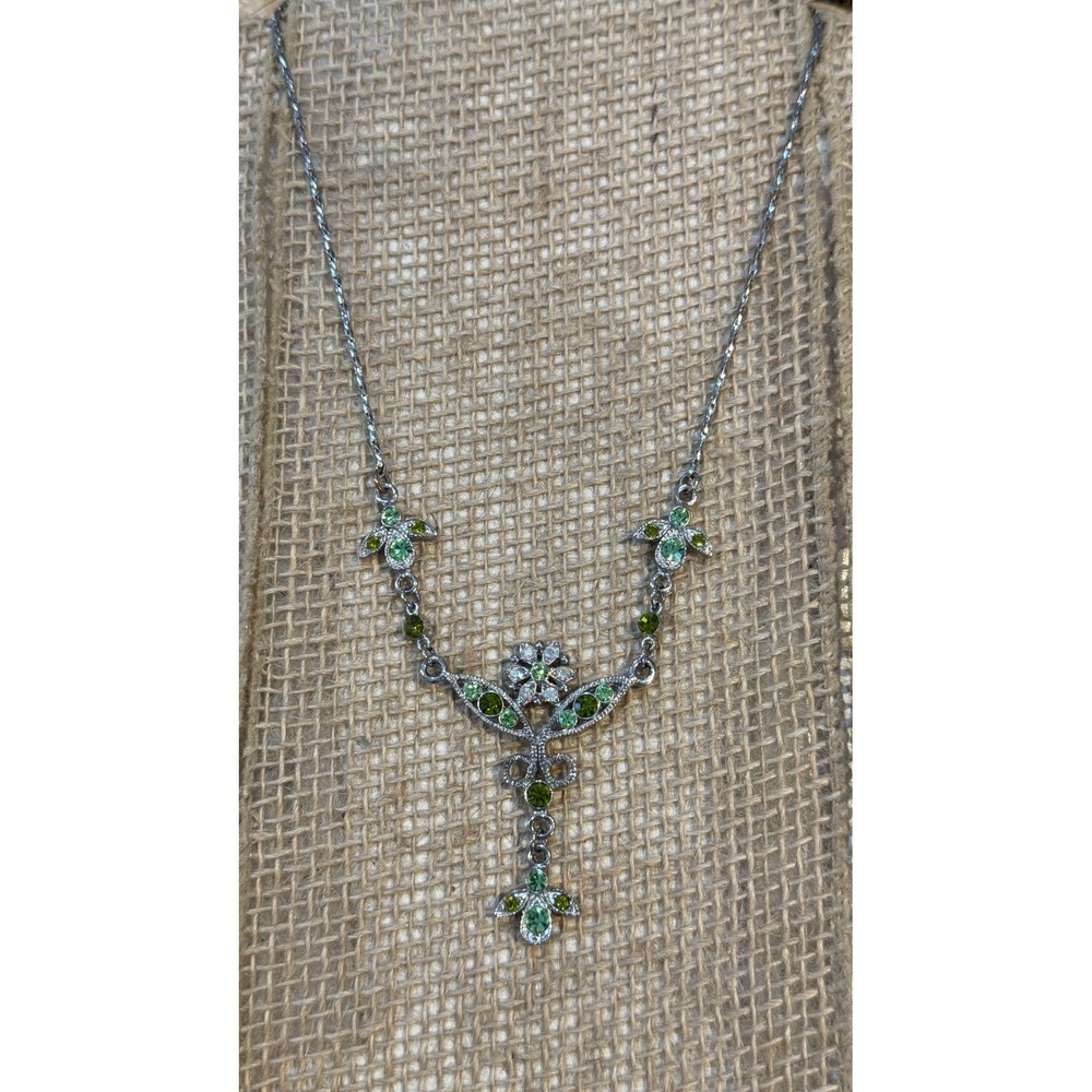 Premier Design Vintage Silver Tone Green Rhinestone Floral Drop Necklace  19"